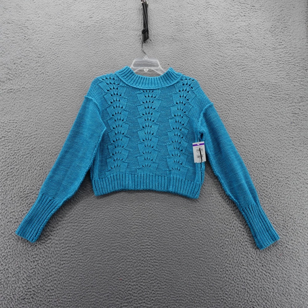 Free People Womens Bell‎ Song Cable Knit Cropped Sweater XS Blue Mock Neck NEW